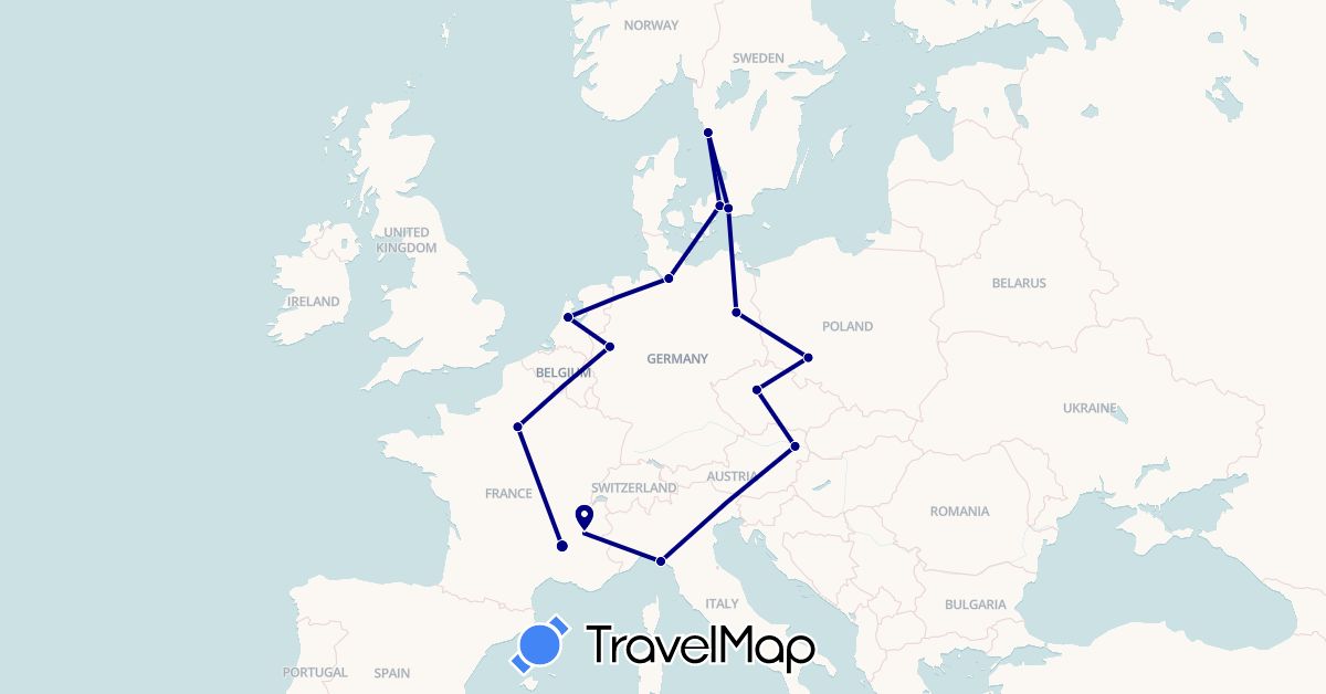 TravelMap itinerary: driving in Austria, Czech Republic, Germany, Denmark, France, Italy, Netherlands, Poland, Sweden (Europe)